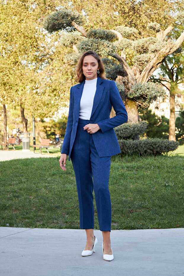 Navy Blue Single Button Wool Effect Set - 2