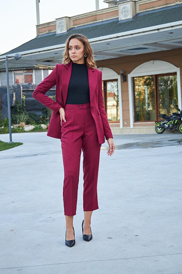 مجموعة تأثير الصوف ذات الزر الواحد باللون العنابي - 4