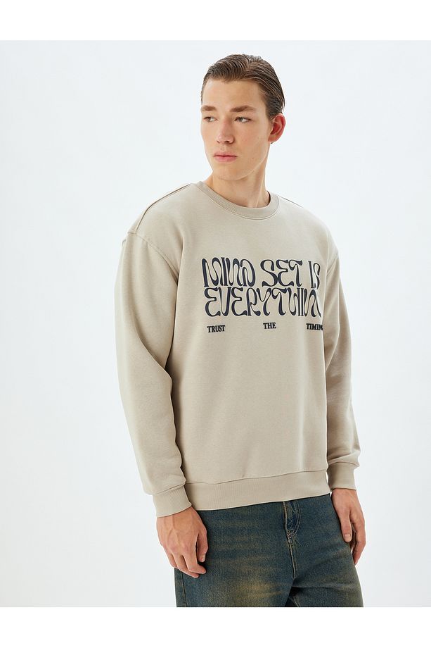 Oversize Sweatshirt Slogan Baskılı Bisiklet Yaka Pamuk Karışımlı Şardonlu - 3