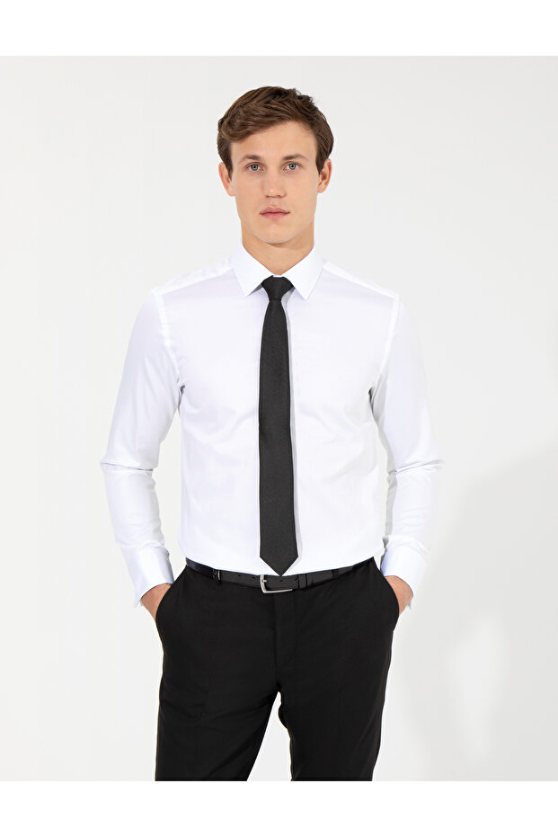 White Slim Fit Long Sleeve Classic Shirt 50256423-Vr013