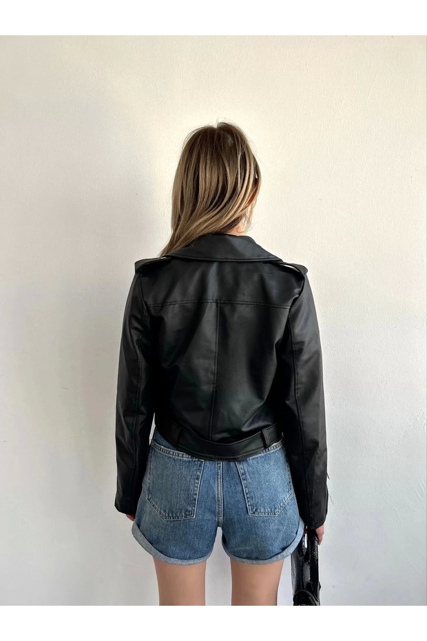 Biker Kemerli Deri Ceket - 3