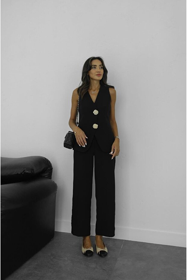 Black Big Gold Buttoned Vest Trousers Set