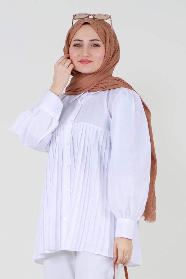 Önü Piliseli Gömlek-Beyaz - 4