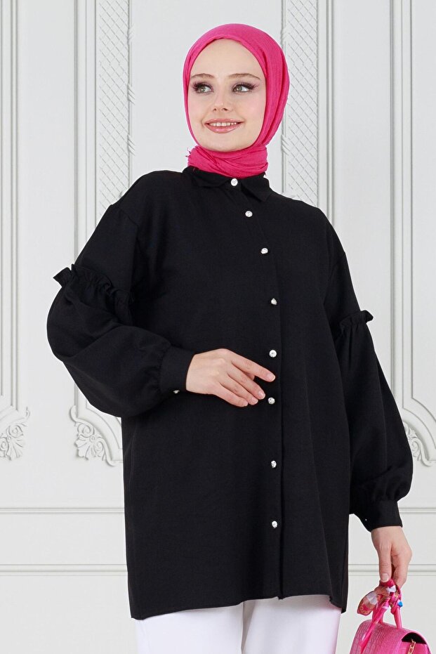 تونيك بأكمام مزينة بالكشكشة - أسود