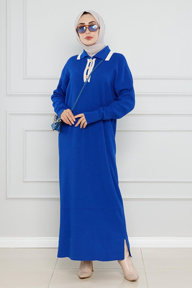 Cobalt Blue Polo Collar Ribbed Knitwear Dress
