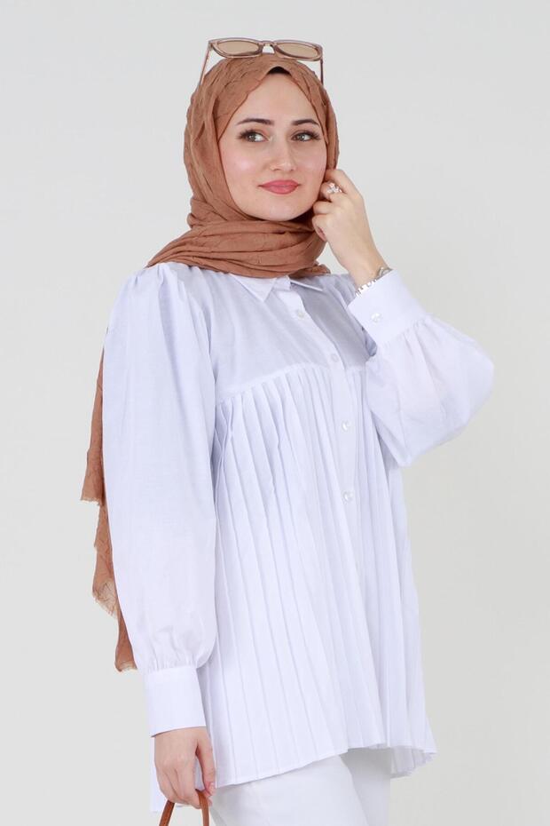 Önü Piliseli Gömlek-Beyaz - 3