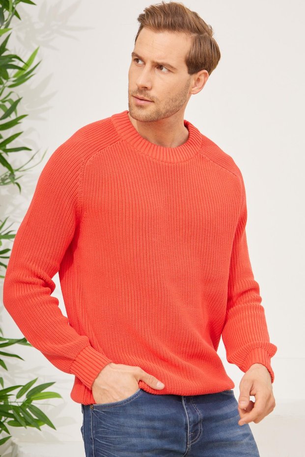 Crew Neck Thessaloniki Knitted Cotton Men's Coral Knitwear Sweater