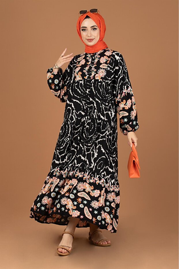 فستان شال منقوش بنصف زر - أسود - 2