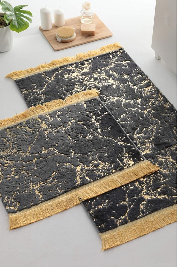 Simli Tavşan Tüyü 2li Banyo Paspas Takımı - Antrasit - Gold - 1