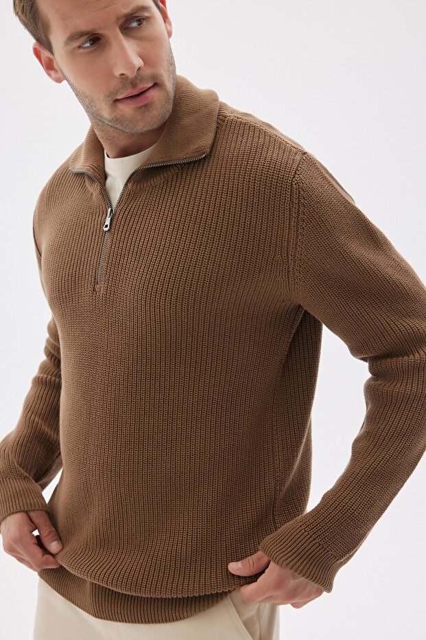 Half Zip Thessaloniki Knit Regular Fit Cotton Men's Brown Knitwear Sweater