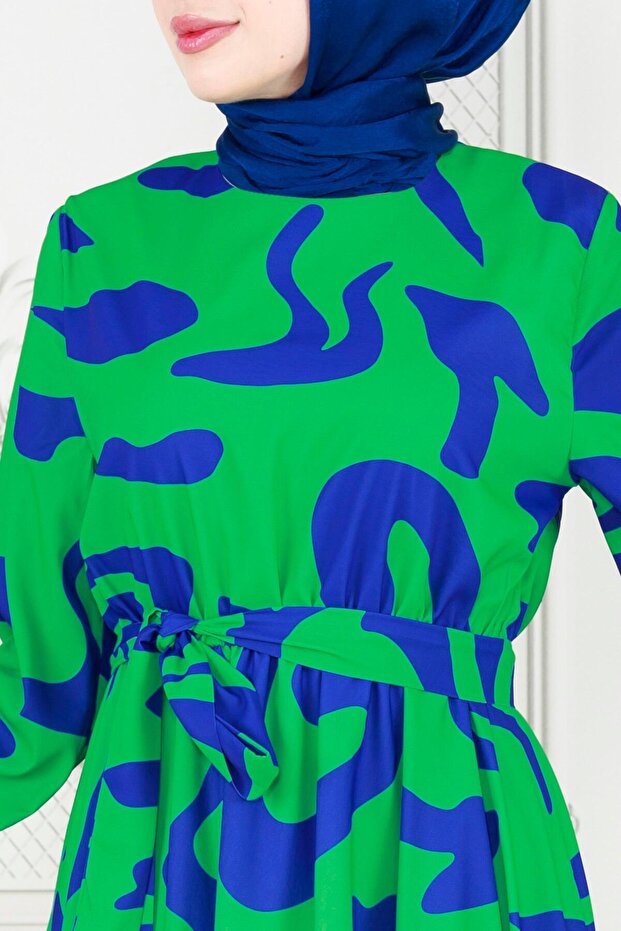 فستان منقوش هندسي-أزرق - 5