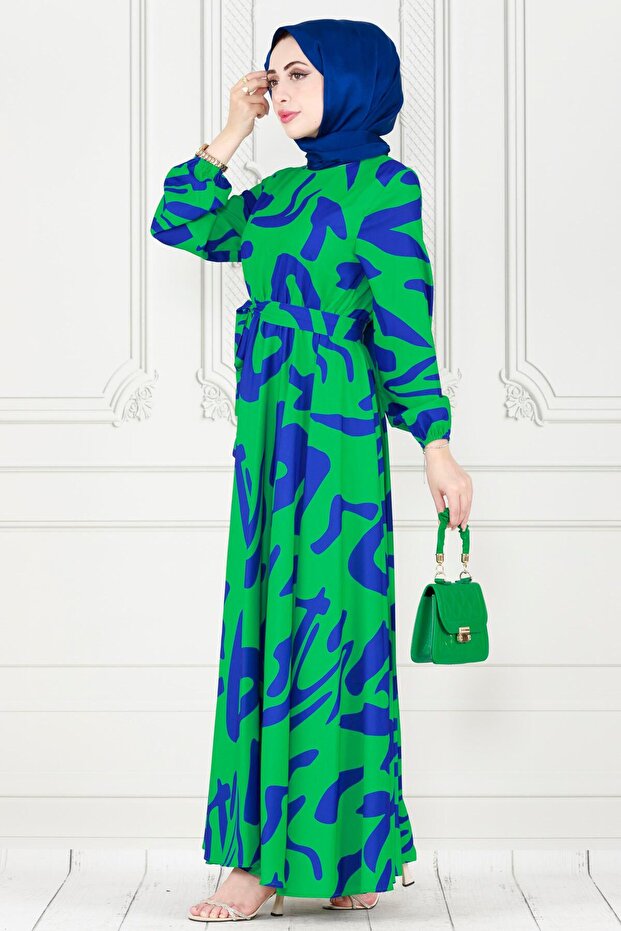 فستان منقوش هندسي-أزرق - 2