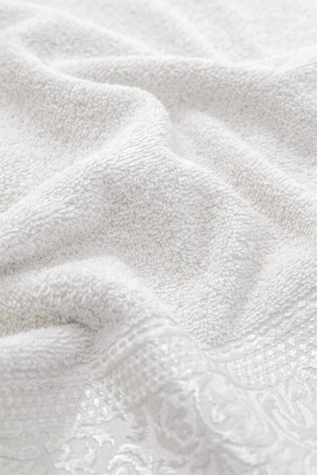 Pamuklu Jakarlı Tekli Bornoz Seti - Ekru - 3