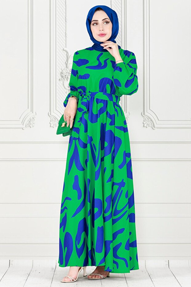 فستان منقوش هندسي-أزرق - 1