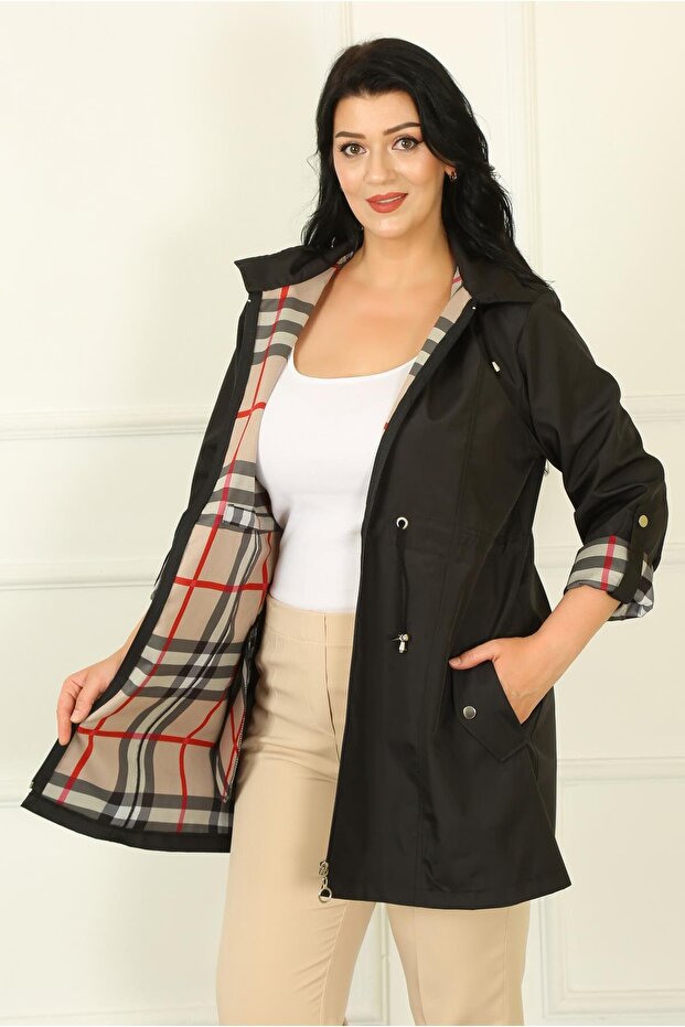 Women's Black Plaid Detail Plus Size Trench Coat
