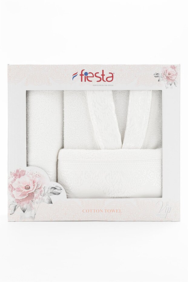 Pamuklu Jakarlı Tekli Bornoz Seti - Ekru - 2