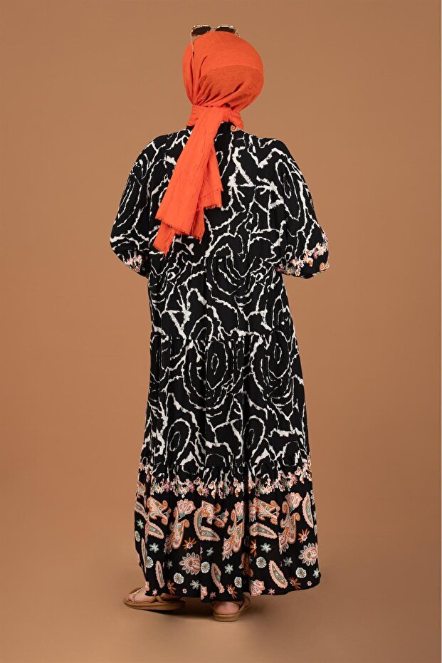 فستان شال منقوش بنصف زر - أسود - 5