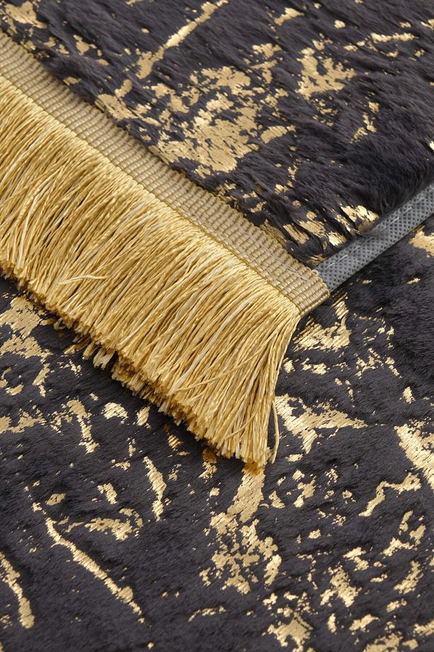 Simli Tavşan Tüyü 2li Banyo Paspas Takımı - Antrasit - Gold - 3