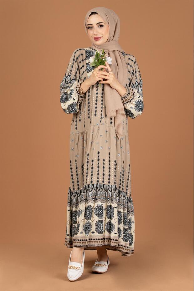 Mixed Patterned Viscose Dress-Mink