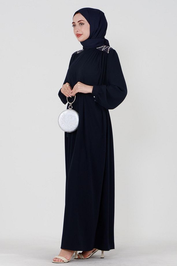 Omuzu İşlemeli Beli Kuşaklı Tesettür Elbise-Lacivert - 4