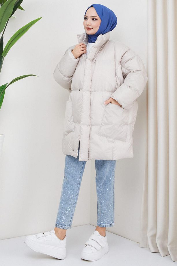 Oversize Torba Cep Şişme Mont Ekru HM2317 - 1