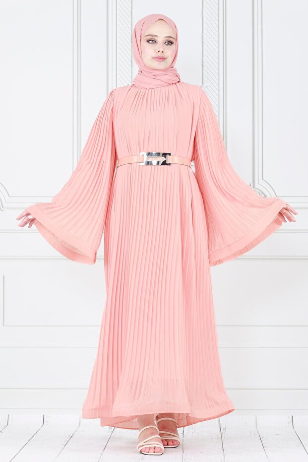 Pleated Sleeves Flounce Diva Chiffon Evening Dress-Powder