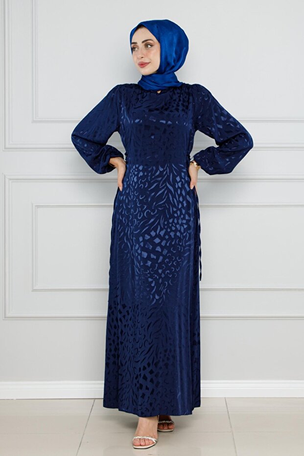 Sude Side Laced Satin Evening Dress-Navy Blue