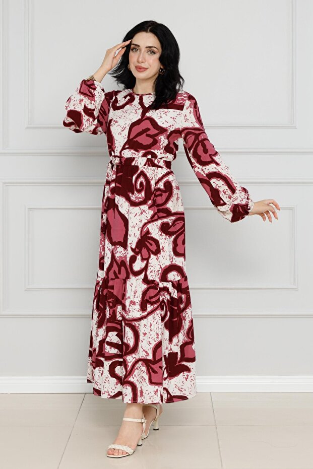 Floral Belted Viscon Dress-Burgundy
