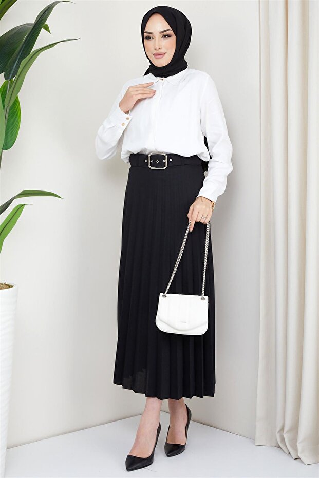 Kemerli Piliseli Etek Siyah - 3