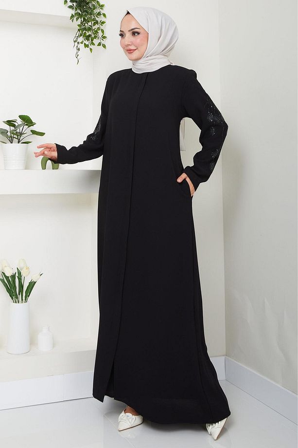 Nihan Kolları Taşlı Ferace Siyah Hm2485 - 3