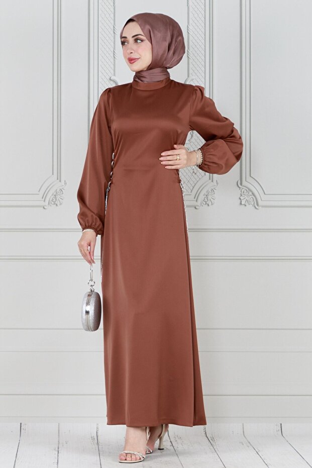 Lace-Up Stone Detailed Satin Evening Dress - Brown