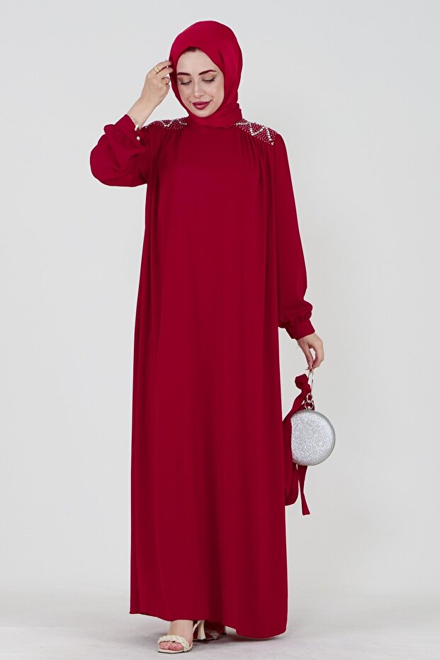 Embroidered Shoulder Waist Belted Hijab Dress-Red