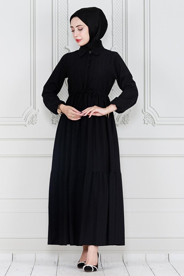 Shirt Collar Waist Tunneled Saree Dress-Black