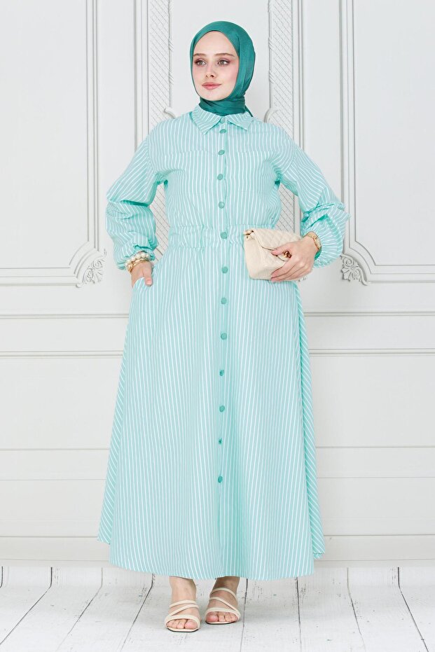 Green Striped Buttoned Dress - 3