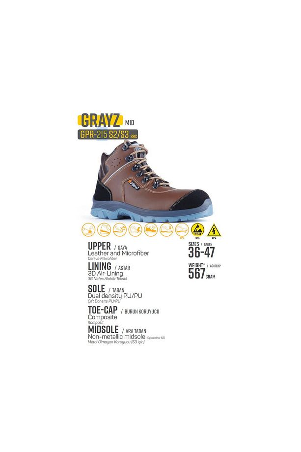 Gripper Grazy Mid Gpr-215 S3 Src Vidala Ve Mikrofiber Deri Kompozit Burun Kevlar Ara Taban Iş - 2