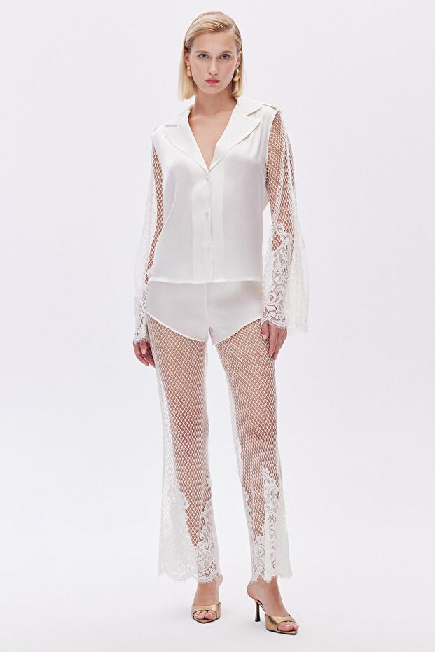 Calla Lily Ecru Lace Detailed Long Satin Pajama Set