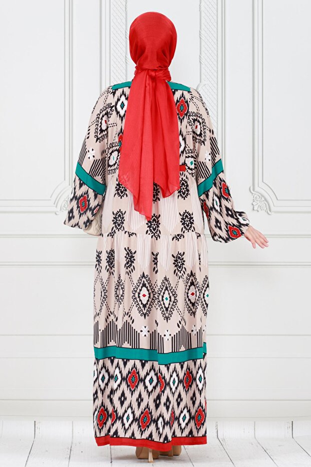 فستان بيج منقوش بنصف زر - 5