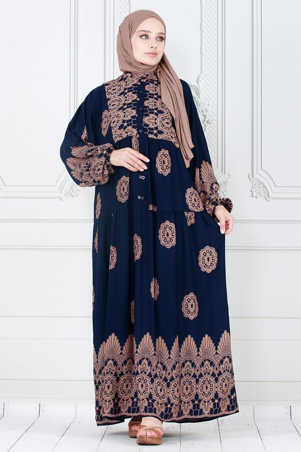 Motif Desen Robalı Viscon Tesettür Elbise-Lacivert - 3