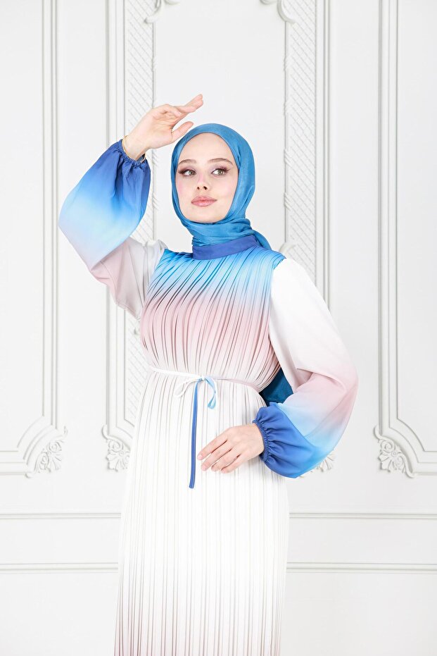 Piliseli Ebruli Tesettür Elbise-İndigo - 5