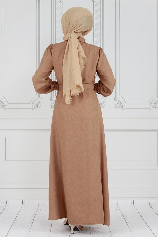 İnci Çakım Önü Düğmeli Keten Elbise-Camel - 5