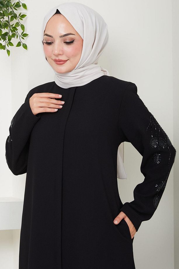Nihan Kolları Taşlı Ferace Siyah Hm2485 - 5