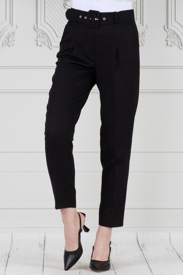 Waist Belted Pleated Pencil Pants-Black