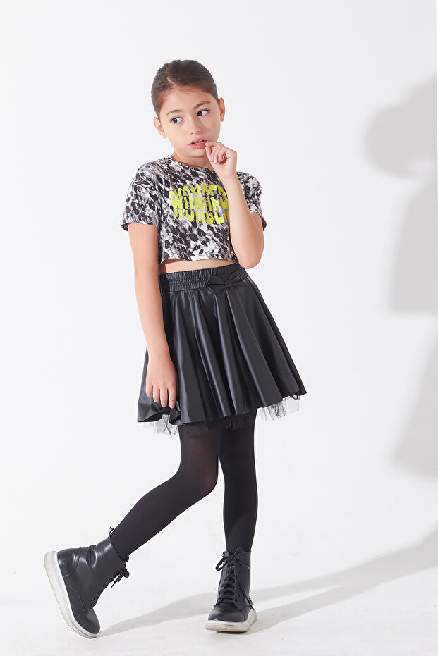 Girl Black Tulle Leather Skirt 4-12 Years 13794