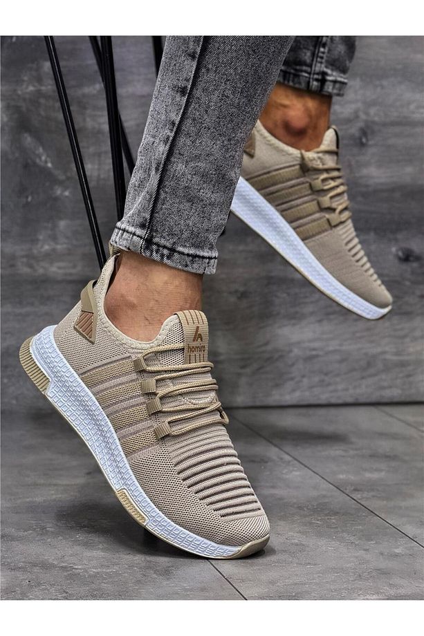 Erkek Bağcıklı Triko Spor Ayakkabı-Bej-Camel - 4
