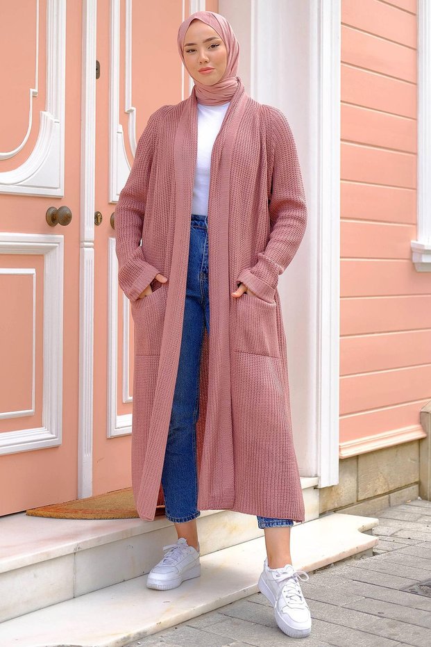 Shawl Collar Pocket Knitwear Cardigan Dusty Rose HM2243
