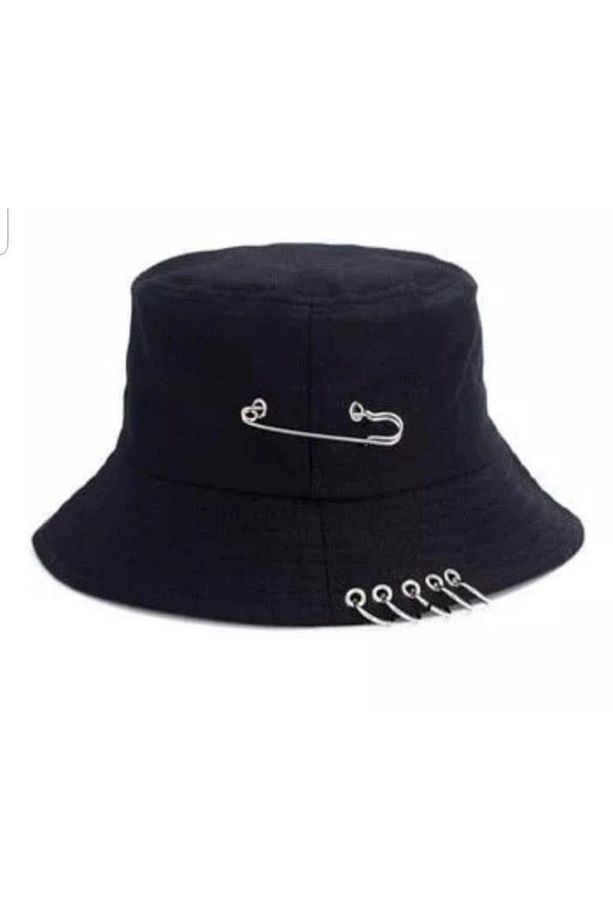 Siyah K-pop Piercing Ve Çengelli Iğne Modelli Bucket Şapka - 4