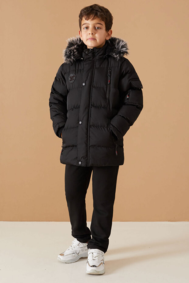 Black Crest Detailed Zipper Pocket Boy's Fur Hooded Coat 19067