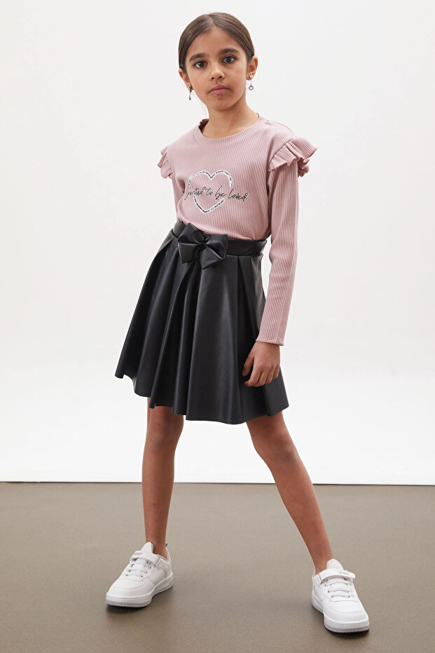 Pink Heart Printed Sequined Badi Girl's Leather Skirt Suit 18025
