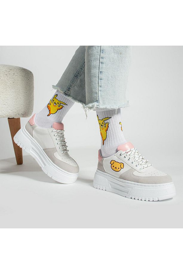 Krem Dog Baskılı Yüksek Taban Bağcıklı Sneaker Ayakkabı - 1