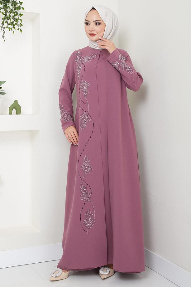 Büyük Beden Yaprak Taşlı Anne Elbisesi Gül Kurusu HM2350 - 2